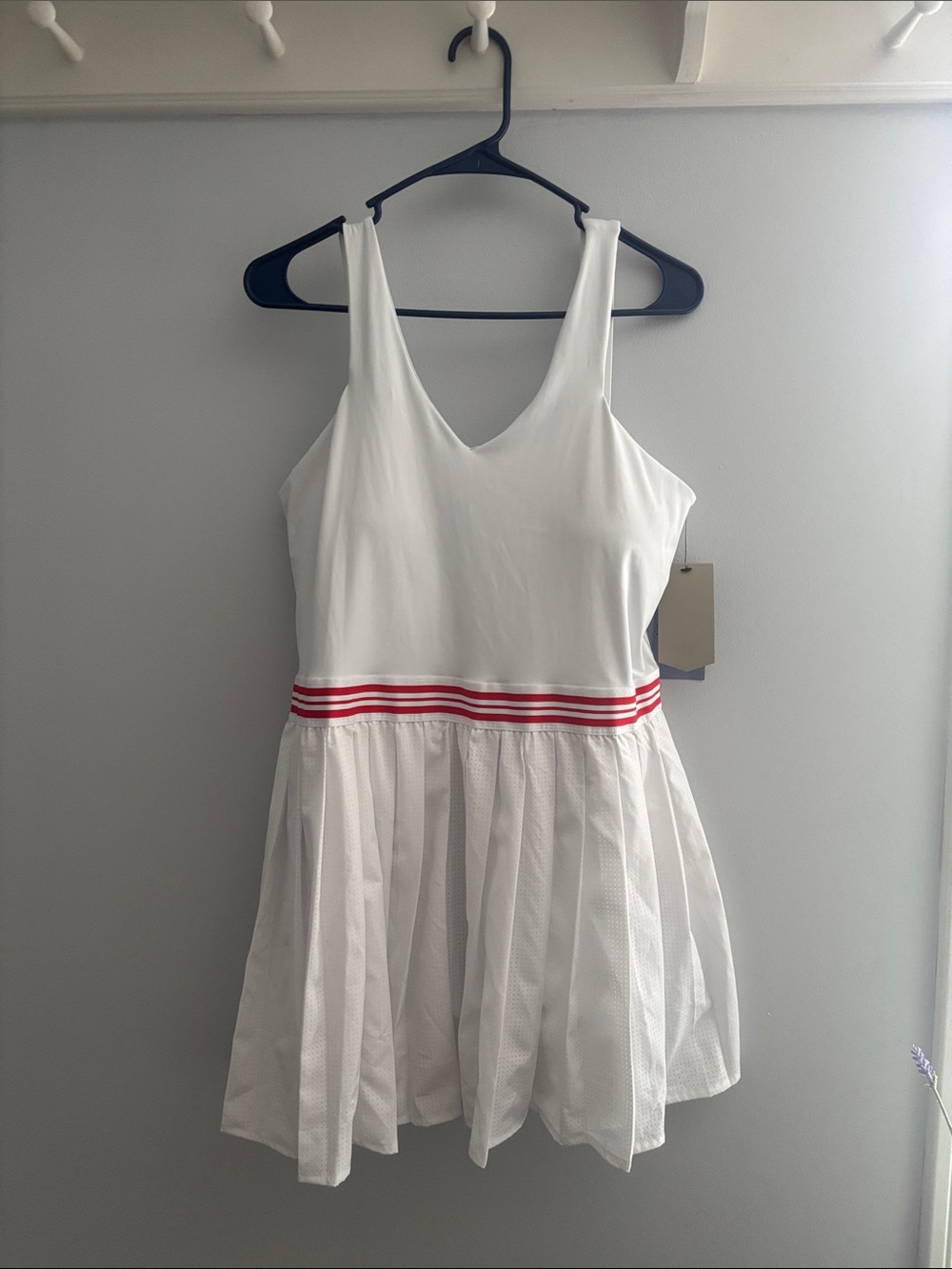 White Sleeveless Tennis Dress with Red Stripe Waist